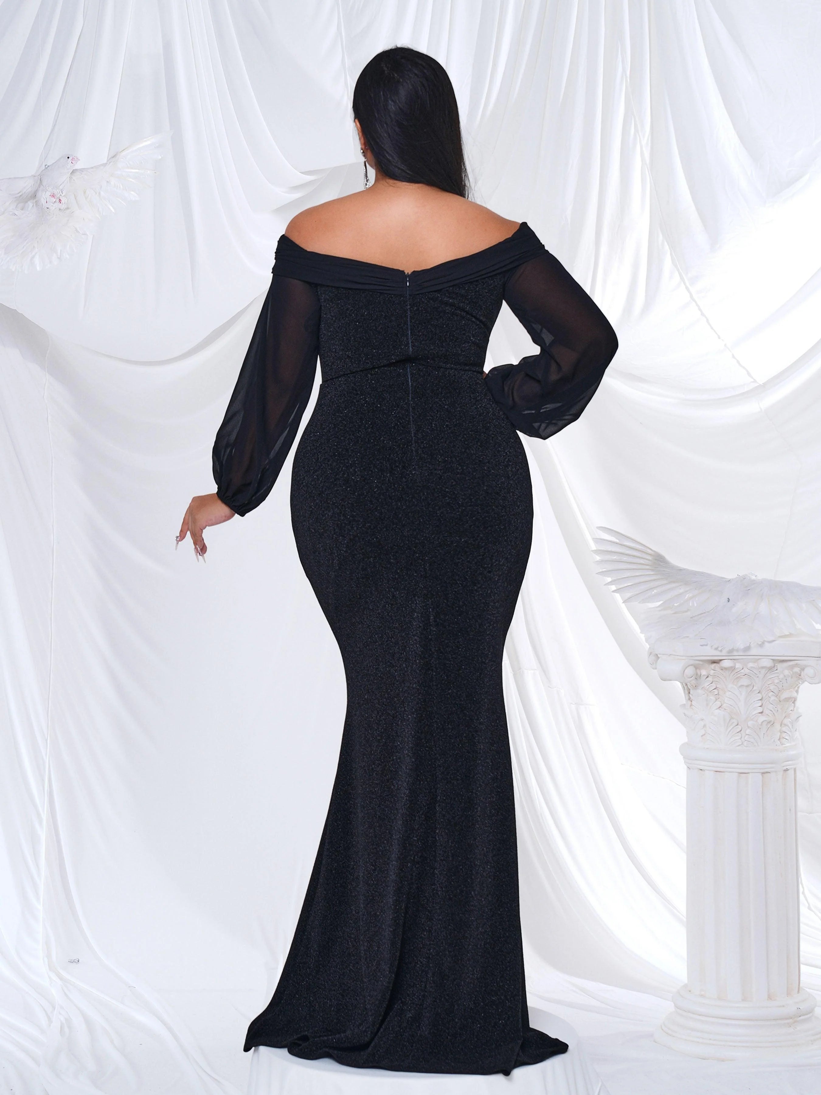 Fashion Mermaid Off Shoulder Long Sleeve Backless Floor-Length Plus Size Prom Dress